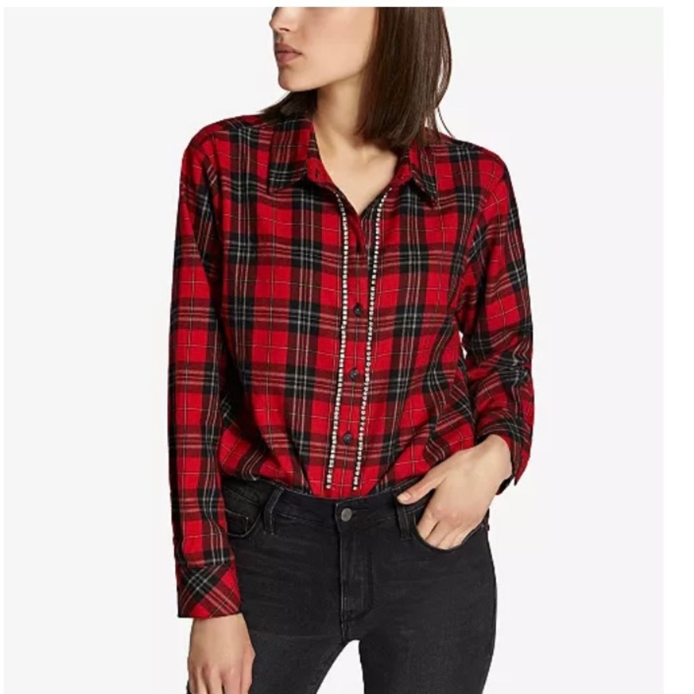 Sanctuary red plaid Rhinestone Rockstar boyfriend shirt size small